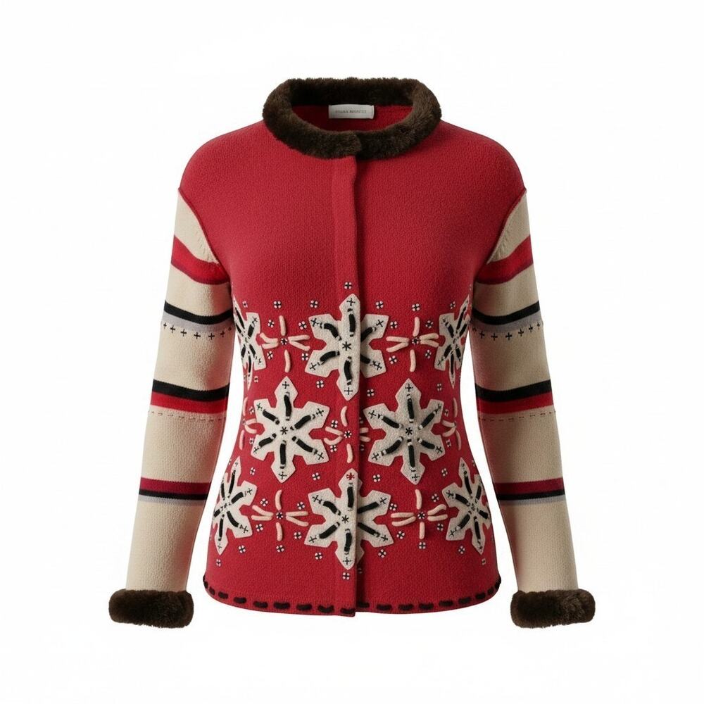 VTG Susan Bristol Large Red Lambs Wool Snowflake Cardigan Sweater Faux Fur Trim